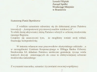 Zdjęcie listu gratulacyjnego za wkład firmy w ochronę środowiska po dokonaniu inwestycji 